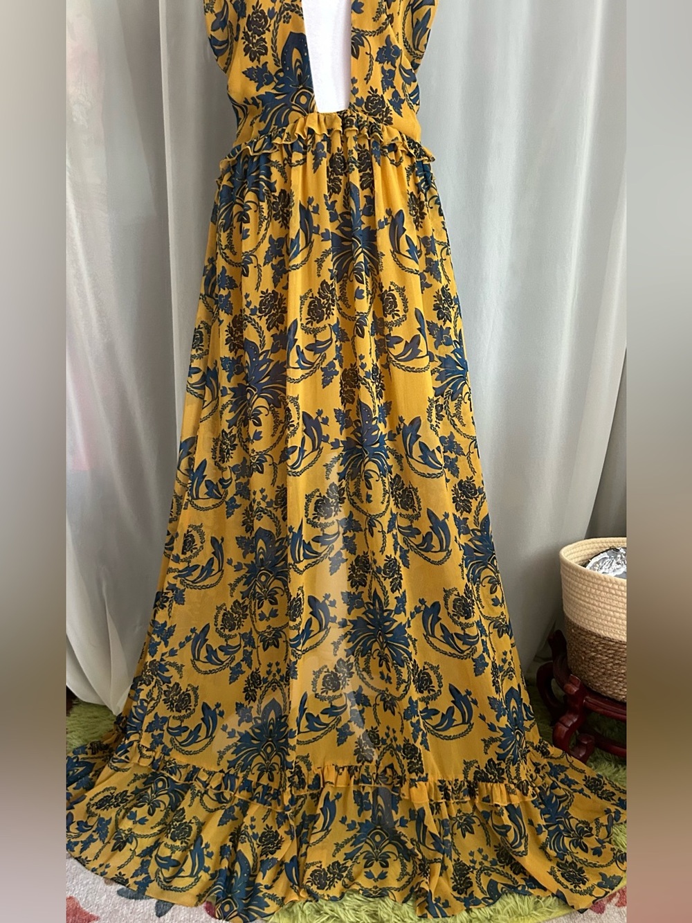 Mustard Yellow Floral Maxi Dress with Cross-Front Detail - Picture 2 of 11